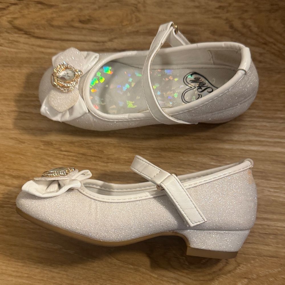 Stelle Flower Girl White Glittery Princess Crown Mary Jane Dress Shoes Size 10